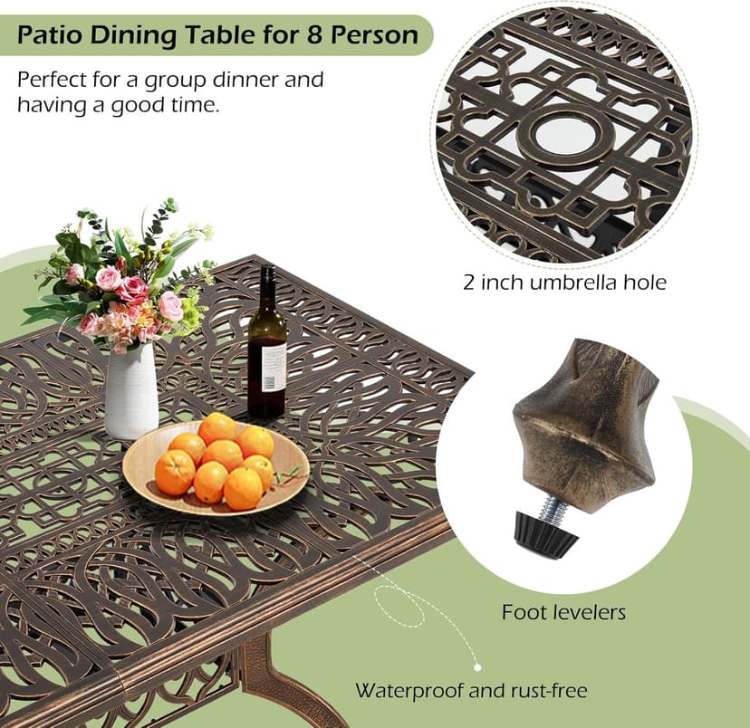[Hi-End]Cast Aluminum Patio Furniture Set 9-Piece Outdoor Dining Set Includes 86.6’’ Rectangular Patio Table with Umbrella Hole and 8 Cushioned Dining Chairs,Rust-Free for Patio Deck Garden Pool