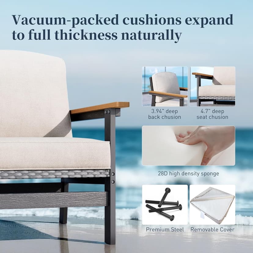 HDPE Outdoor Patio Furniture 4-Piece Set, All Weather Modern Patio Conversation Sets with Wood-grain Extended Table, Outdoor Patio Couch Set, Black Frame with Beige 4.7" Thick Cushions