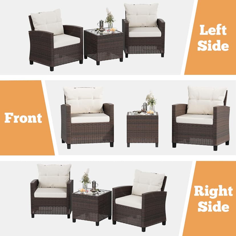 Shintenchi 3 Pieces Patio Furniture Set 3 Pieces PE Rattan Wicker Chairs with Table Outdoor Furniture for Backyard/Garden/Poolside/Outdoor Restaurant Brown Rattan with White Cushion