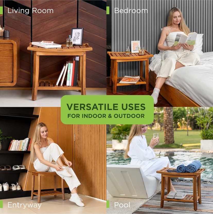 Premium 22" Teak Shower Bench with Handles, Waterproof Teak Shower Stool, Wooden Stool for Bathroom, Teak Wood Shower Bench Stool Seat Chair for Shower Storage Shelf, 300 Lbs Capacity