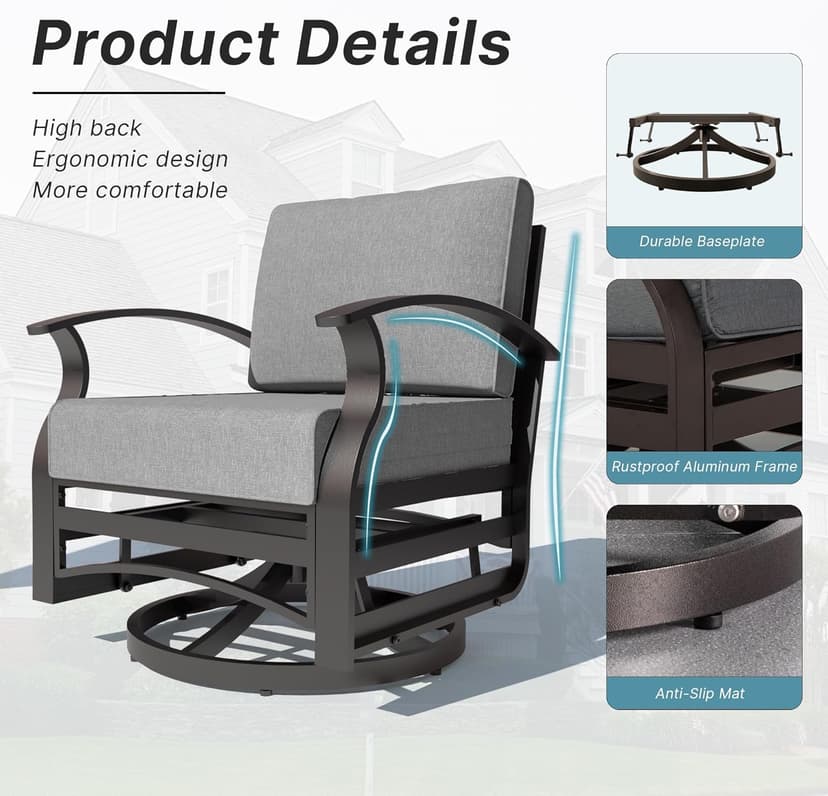 Kurapika 3 Pieces Patio Furniture Set, Outdoor Aluminum Rocking Chair, Patio Bistro Set Swivel Gliders Rocker with Tempered Glass Side Table (Grey)