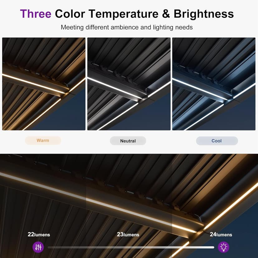 PURPLE LEAF Solar Louvered Pergola 92KS 10' x 12' with LED String Lights and Control Panel Aluminum Outdoor Pergola with Adjustable Roof for Patio Deck Garden Yard Gray