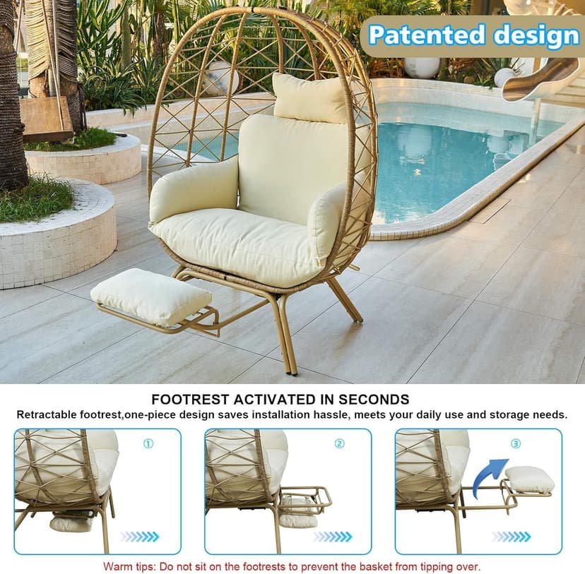 Wicker Egg Chair with Footrest & Cushions - Oversized 450lb Capacity Boho Wicker Egg Chair with Ottoman for Indoor/Outdoor - Beige Rattan Lounge Seat for Patio, Balcony, Garden, Home