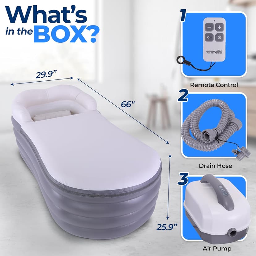 SereneLife Spa Bathtub with Bubble Massage Mat – Inflatable Bathtub with Pillow, Cup Holder, Remote Control for LED Lighting, Backrest and Armrests, Supporting Up To 190 lbs. 66" x 30" x 26"