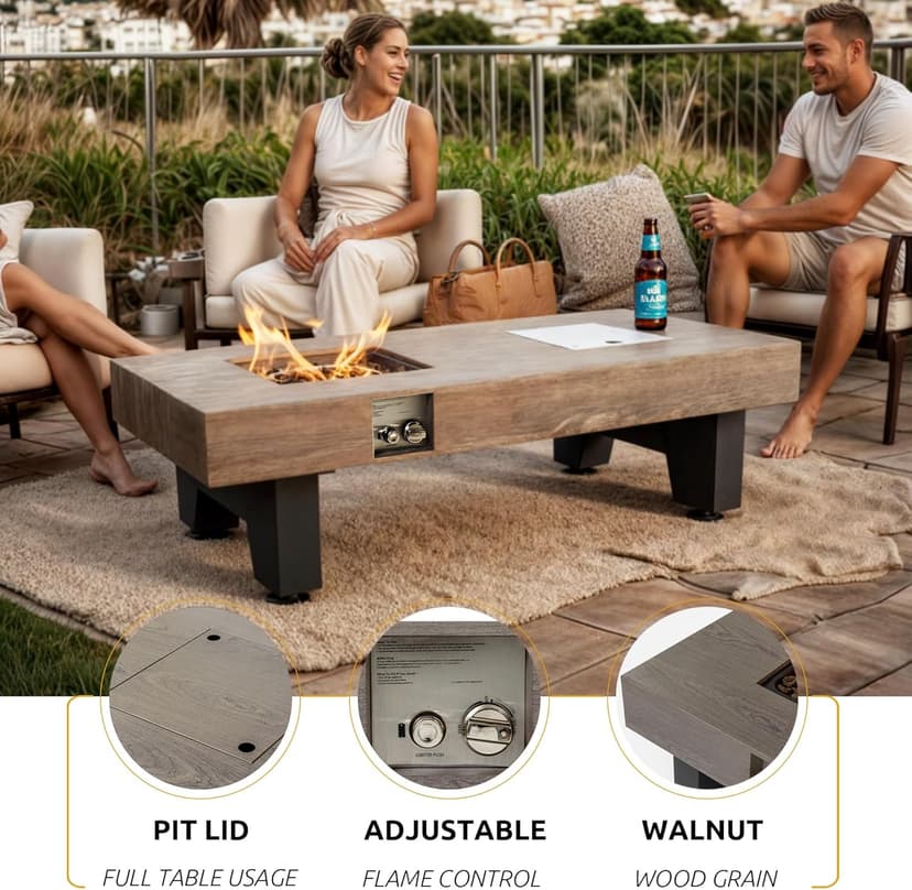 Propane Fire Pit,Outdoor Gas Fire Pit Table with Rain Cover,Rectangular Heater for Patio, Backyard, Deck,50,000BTU Outdoor Modern Patio Fire Pit (Wood, 54)