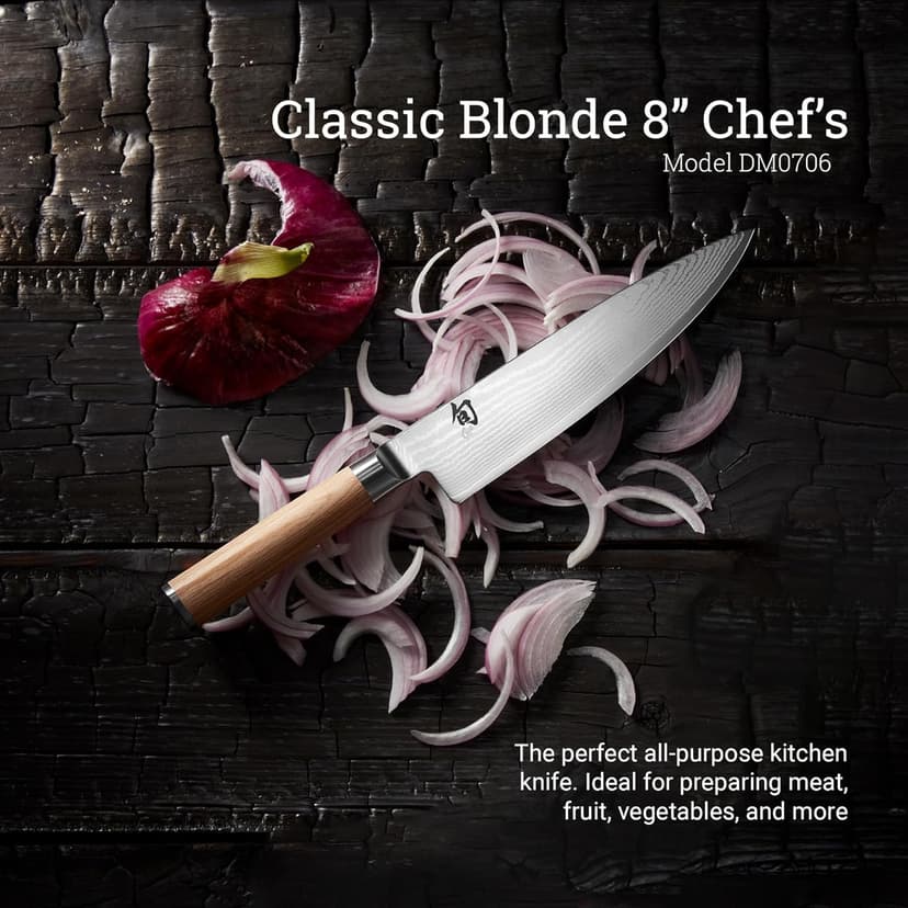 Shun Classic Blonde 8" Chef's Knife, Handcrafted Japanese Kitchen Knife for Professional and Home Chefs, VG-MAX Core with Damascus Stainless Steel Cladding, Pakkawood Handle