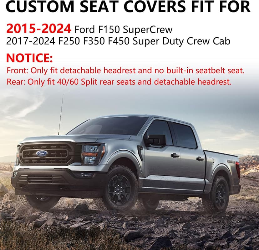 Truckiipa F150 Seat Covers Full Set Leather Waterproof Car Seat Cover Seat Protector Custom Fit for 2015-2024 Ford F150 SuperCrew, 2017-2024 F250 F350 F450 Super Duty Crew Cab, Full Set, Black