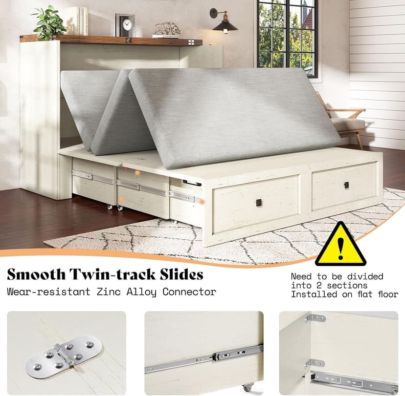 AMERLIFE Queen Murphy Bed with Storage & Charging Station, Farmhouse Murphy Cabinet with Foldable Panel, Noisy Free, for Guest Bedroom, Living Room, Office, Distressed White & Barnwood