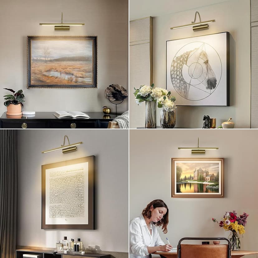 JOOSENLUX Battery Operated Picture Lights Gold Wall Lights Wireless Flexible Neck with Remote Rechargeable Wall Lights for Pictures 16" Dimmable Display Art Light with Timer 3000K Brass