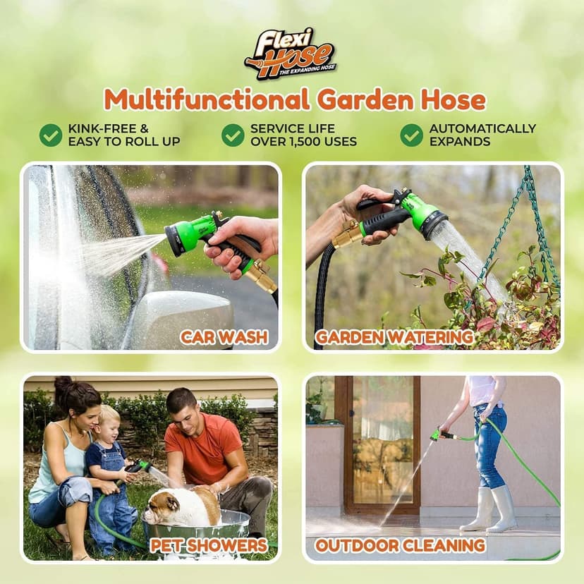 Flexi Hose with 8 Function Nozzle, 100FT - Lightweight Expandable Garden Hose, No-Kink Flexibility, 3/4 Inch Solid Brass Fittings and Double Latex Core