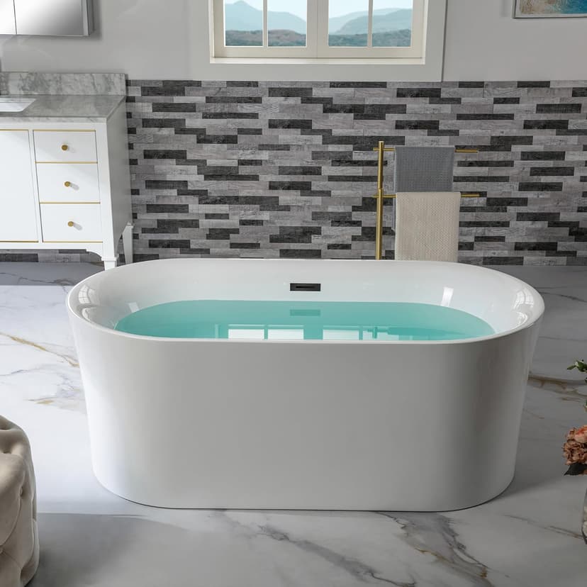 WOODBRIDGE 59" Acrylic Freestanding Bathtub Contemporary Soaking Tub with Matte Black Overflow and Drain,White Tub,B0058-MB
