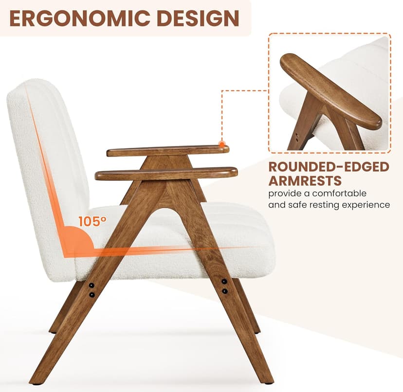 Yaheetech Boucle Fabric Mid Century Accent Chair Set of 2, Modern Upholstered Living Room Chairs with Solid Wood Legs, Reading Armchair for Small Spaces Bedroom