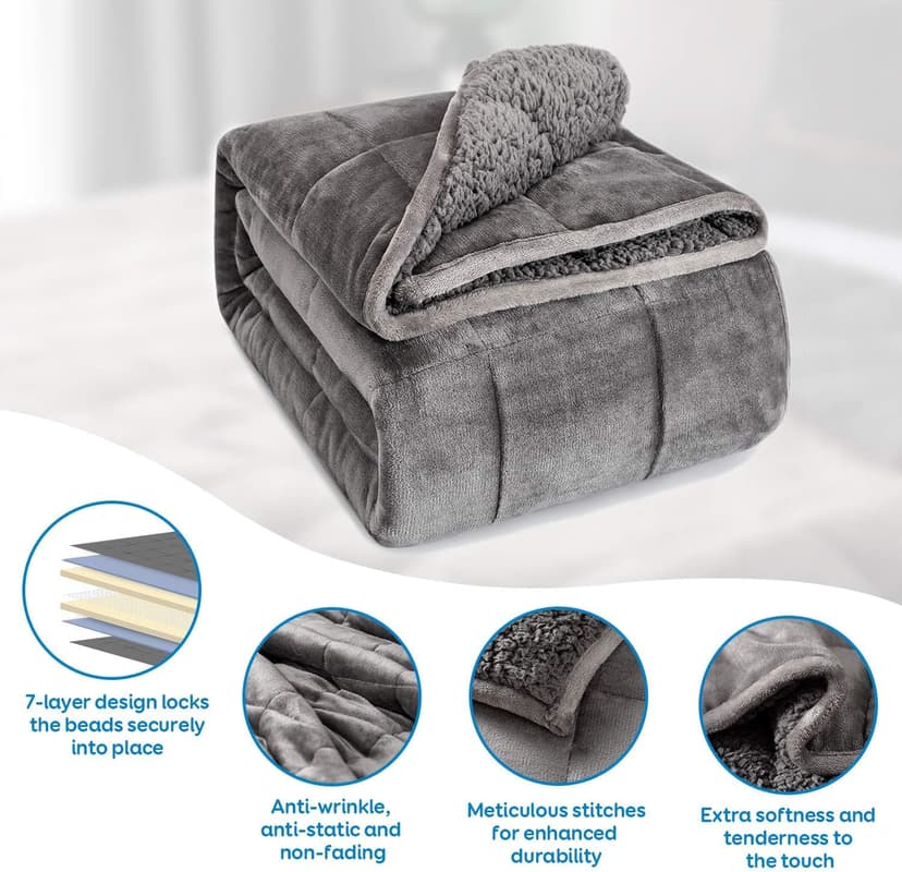 Cottonblue Weighted Blanket 15 lbs Queen Size 60x80 inches, Flannel Shaggy Sherpa Weighted Blanket for Adults Comfortable Weighted Blankets for Calming and Relax, Bed Sofa Heavy Blankets, Grey