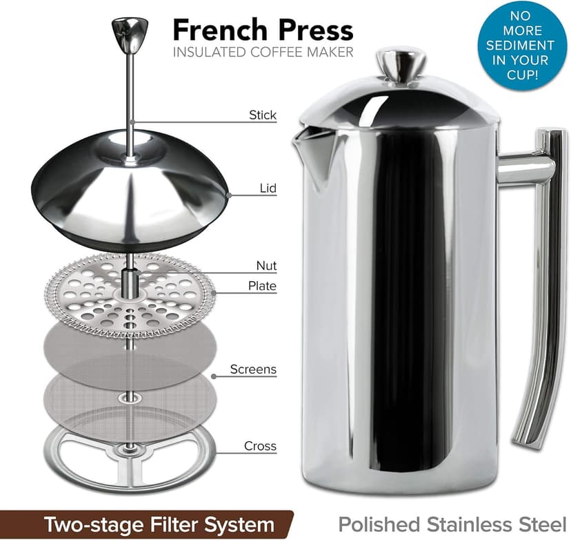 Frieling Double-Walled Insulated French Press Coffee Maker - 17 Oz Stainless Steel French Press for Smooth Coffee, Cold Brew & Camping
