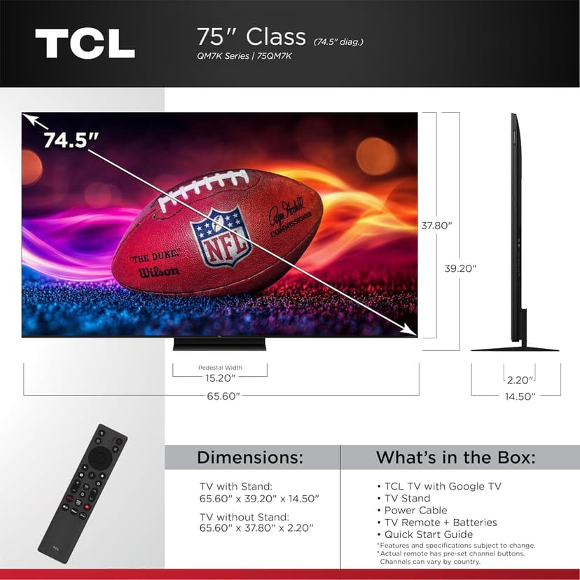 TCL 75-Inch QM7K QLED 4K Smart QD-Mini LED TV with Google TV (75QM7K, 2025 Model) Dolby Vision IQ, Dolby Atmos, HDR, Game Accelerator up to 288Hz, Voice Remote, Works with Alexa, Streaming Television