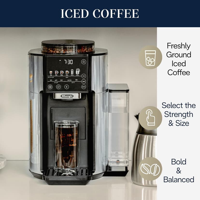 De'Longhi TrueBrew Drip Coffee Maker, Built in Grinder, Single Serve, 8 oz to 24 oz with 40 oz Carafe, Hot or Iced Coffee, Stainless,CAM51035M, Silver/Black