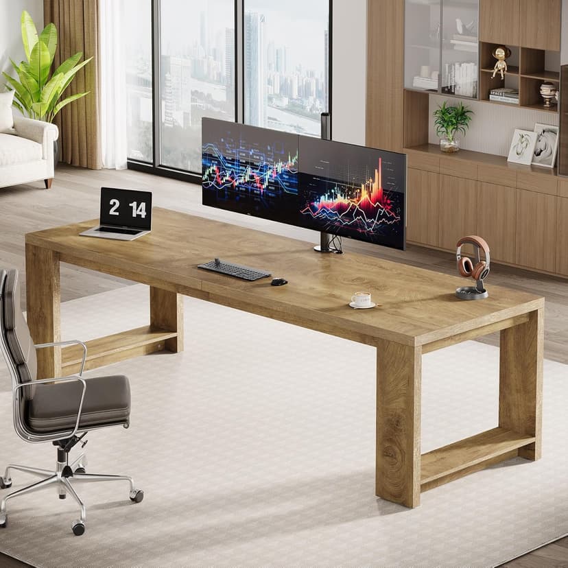Tribesigns Two Person Desk, 86.6 Inches Extra Long Desk, Double Computer Writing Table, Wood Large Desks Workstation for Home Office, Natural Oak
