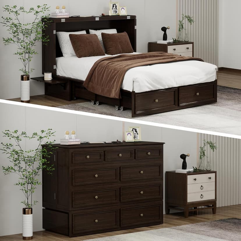Murphy Bed Cabinet Full with Tri-Folding Mattress, Solid Wood Murphy Bed with 2 USB & 2 Charging Ports, Large Storage Drawer for Home Office or Small Space, Ebony Wood Color