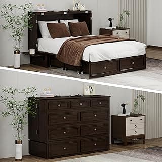 Murphy Bed Cabinet Full with Tri-Folding Mattress, Solid Wood Murphy Bed with 2 USB & 2 Charging Ports, Large Storage Drawer for Home Office or Small Space, Ebony Wood Color