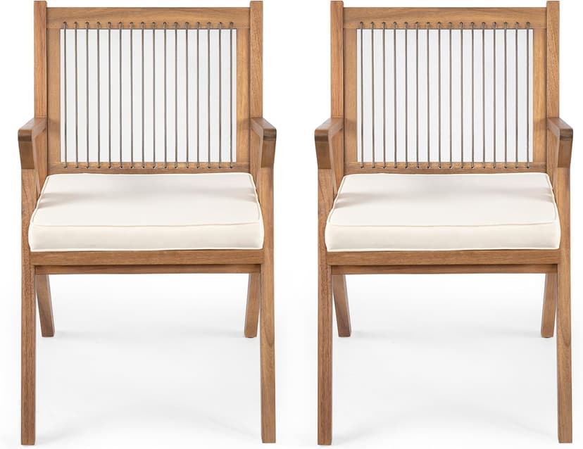 Christopher Knight Home Becker Outdoor Dining Chairs Set of 2 with Cushion, Acacia Wood Dining Room Armchair Set, Garden Chair Set with Handwoven Accent, Patio Dinners Comfy Extra Seat, Cream + Teak