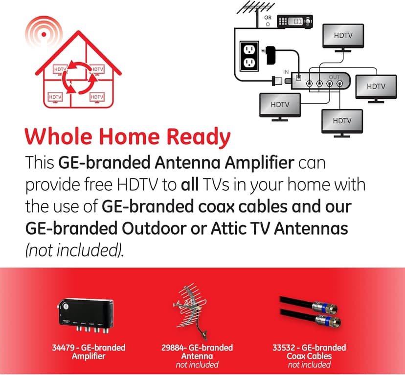 GE 4-Way HD Digital TV Antenna Amplifier, Low Noise Antenna Signal Booster, Clears Up Pixelated Low-Strength Channels, Supports Multiple HD Smart TVs, AC Adapter, Black, 34479