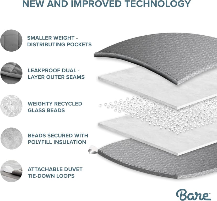 Bare Home Weighted Blanket All-Natural 100% Cotton with Nontoxic Glass Beads 48"x72" 15lbs, Light Grey