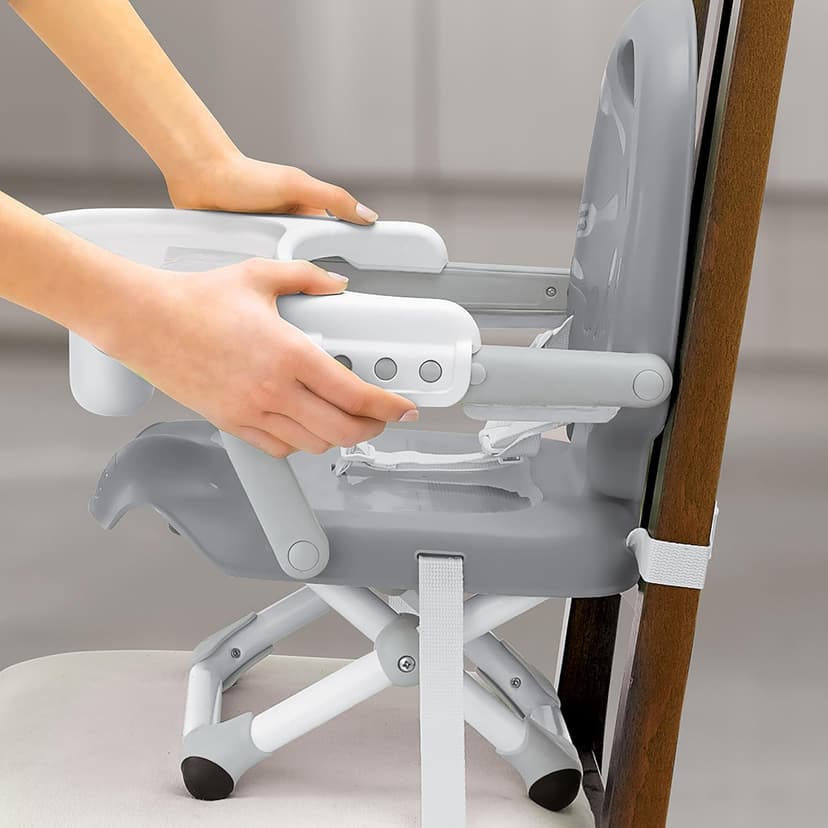 Chicco Pocket Snack Portable Booster Seat for Babies and Toddlers with 3 Height Adjustments, Secure Attachment to Dining Chairs, Easy-to-Clean, for Children up to 50 lbs. | Grey/Grey