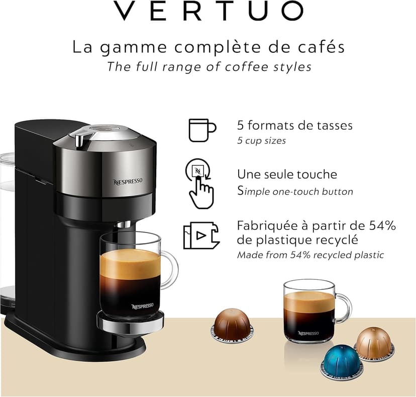 Nespresso Vertuo Next Deluxe Coffee and Espresso Maker, Pure Chrome with Aeroccino Milk Frother,1.1 liter, Black
