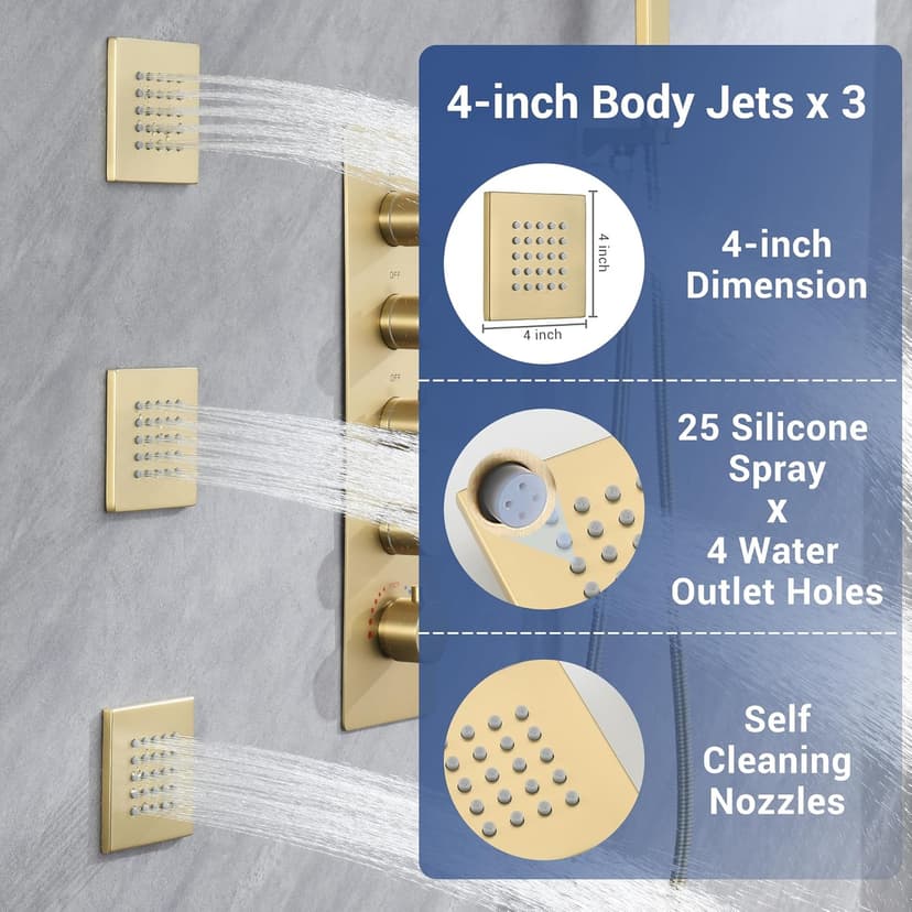 Brushed Gold Thermostatic Shower System with Body Jets, Ceiling 16” Rainfall Shower & Wall Mount 6-Inch Shower Head Luxury Shower Faucet Set with Handheld Spray, Dual Shower Heads Set