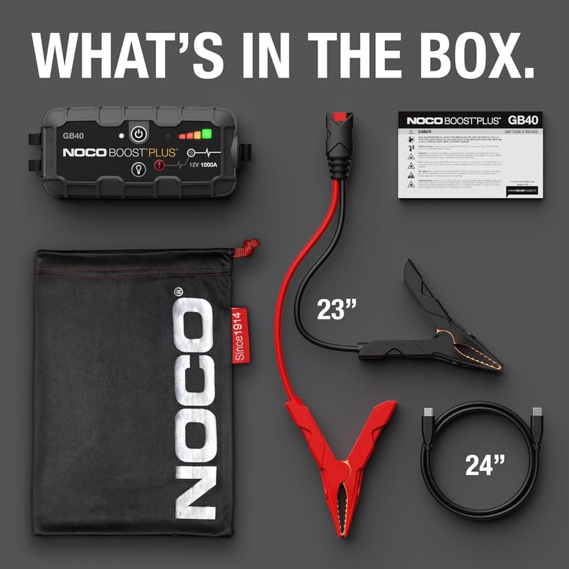 NOCO Boost GB40: 1000A UltraSafe Jump Starter – 12V Lithium Battery Booster Pack, Portable Jump Box, Power Bank & Jumper Cables - For 6.0L Gas and 3.0L Diesel Engines