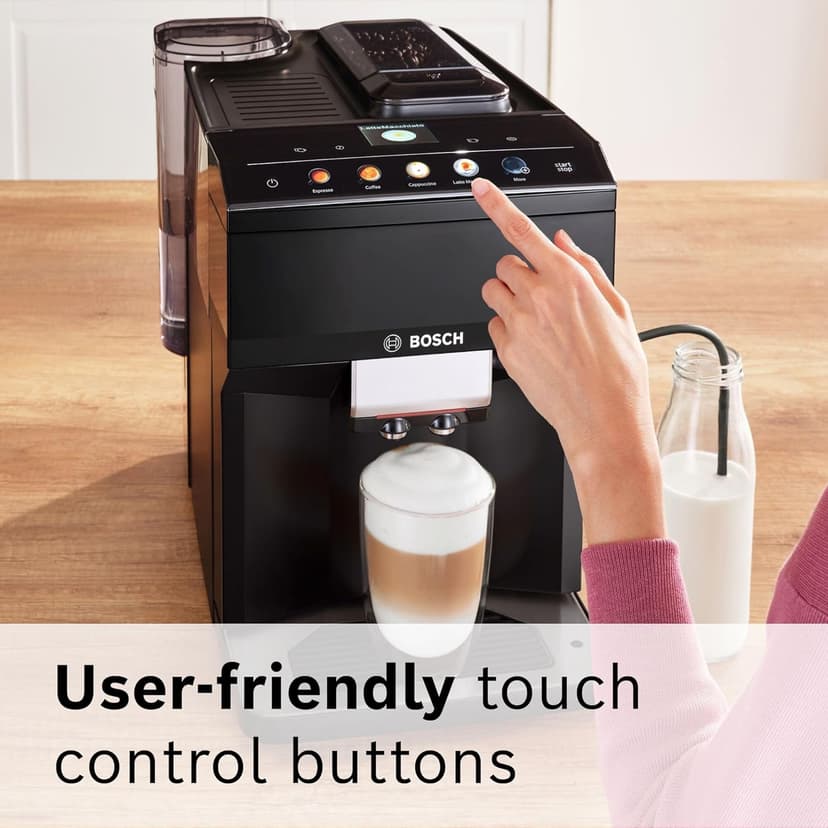 Bosch 500 Series Fully Automatic Espresso Machine – Touch Control Panel, Milk Hose, Ceramic Grinder, Uses Beans & Ground Coffee, 9 One-Touch Drinks, in Black TPU40109
