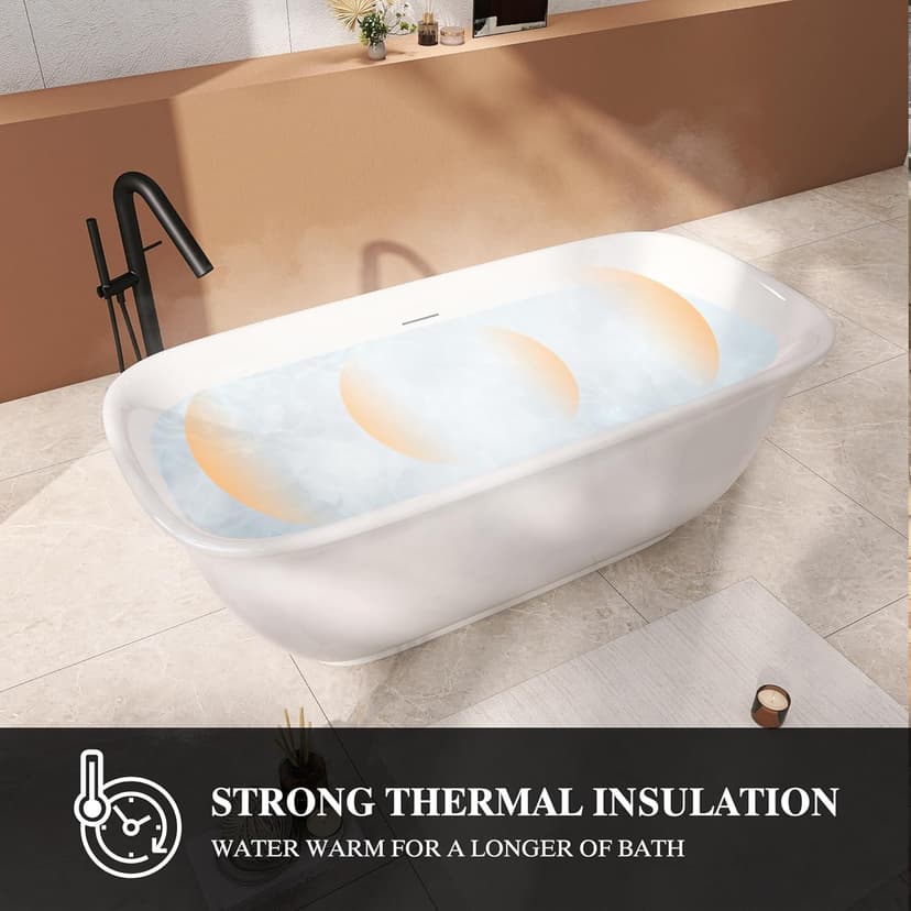 59" Acrylic Freestanding Bathtub, Soaking Tub for Bathroom, Stand Alone Tub, cUPC Certified, Integrated Overflow and Drain, Gloss White