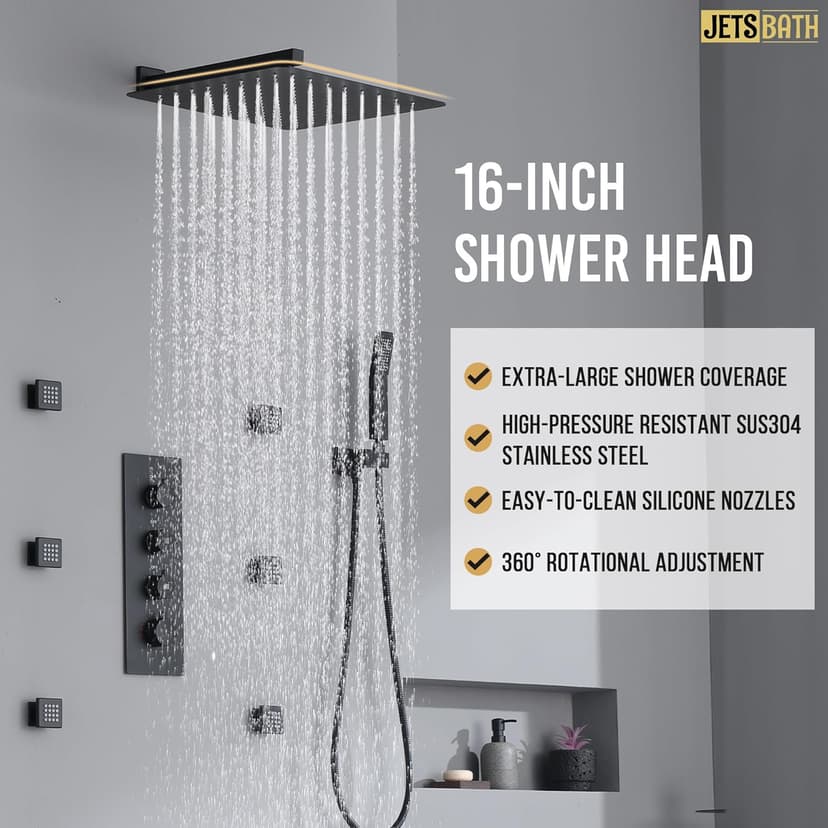 16” Thermostatic Rain Shower System with 6 Body Jets & 16-Inch Rainfall Shower Head, JetsBath Full Body Shower Faucet Sets with Valve & Handheld, Matte Black Luxury Wall Mount Shower Faucet Set