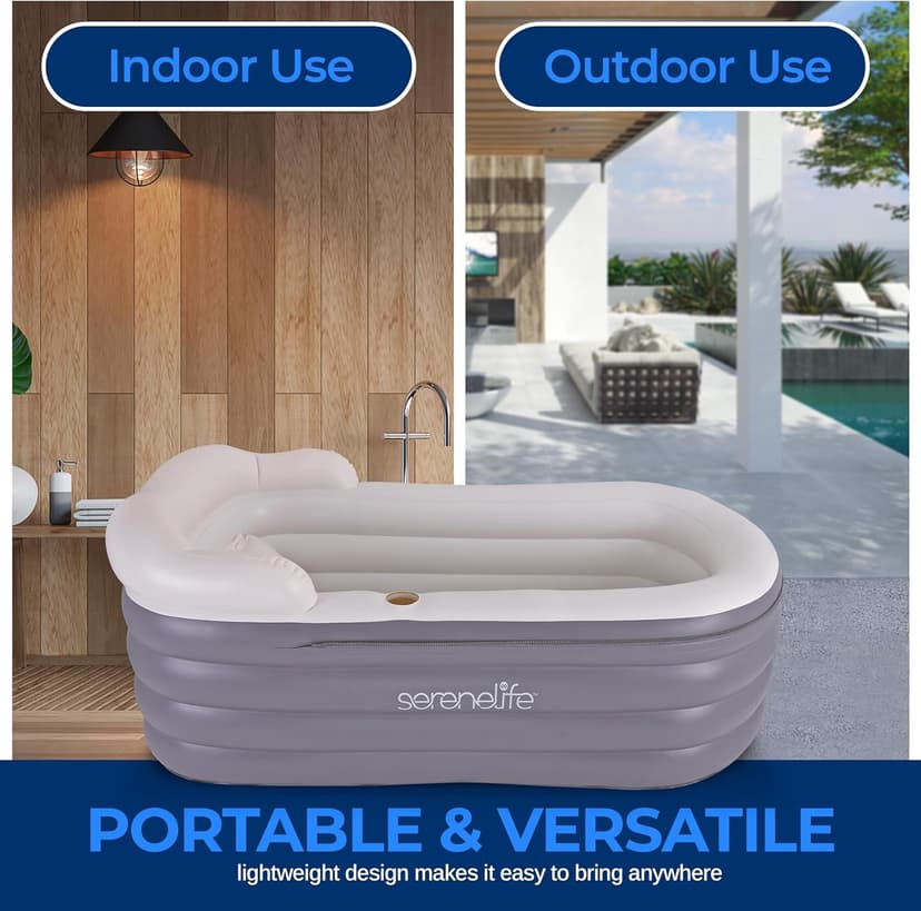 SereneLife Spa Bathtub with Bubble Massage Mat – Inflatable Bathtub with Pillow, Cup Holder, Remote Control for LED Lighting, Backrest and Armrests, Supporting Up To 190 lbs. 66" x 30" x 26"