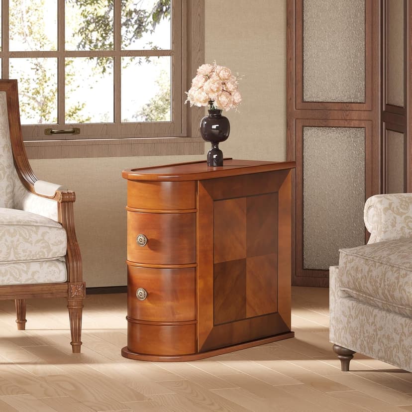 LITTLE TREE Wood End Table with 2 Drawers Sofa Side Table, No Assembly Required Vintage Slim Nightstand Bedside Table for Bedroom