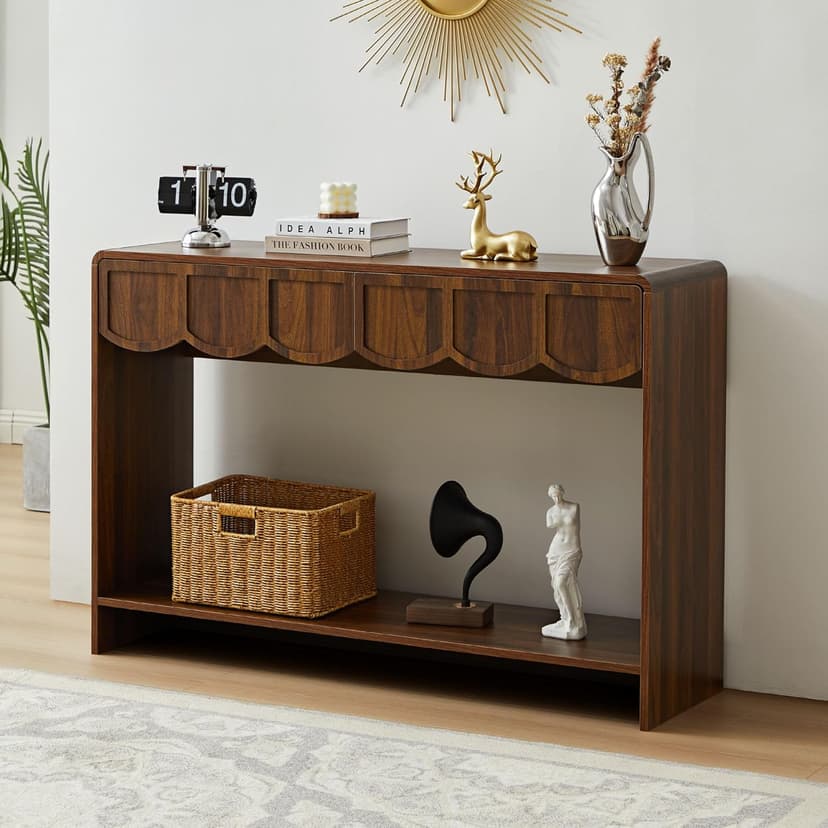 Console Table with Drawers, Mid-Century 43 Inches Narrow Entryway Tables with Open Storage Shelves, Hallway Accent Tables Behind Couch Table for Living Room - Walnut