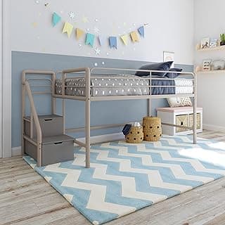 DHP Junior Twin Metal Loft Bed with Storage Steps, Multifunctional Space-Saving Solution - Silver with Gray Steps