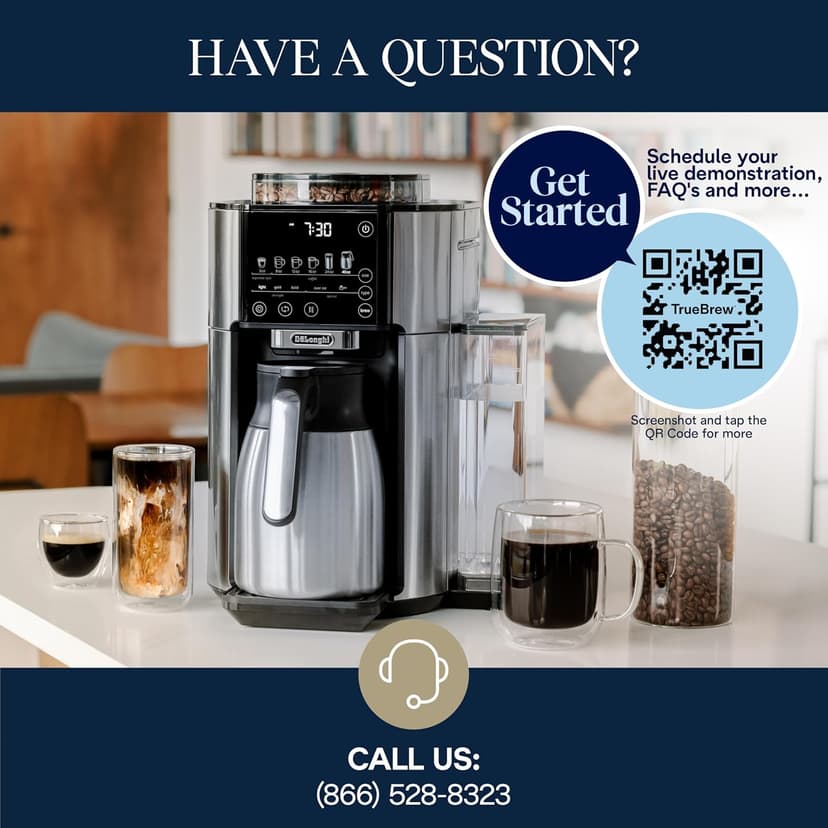 De'Longhi TrueBrew Drip Coffee Maker, Built in Grinder, Single Serve, 8 oz to 24 oz with 40 oz Carafe, Hot or Iced Coffee, Stainless,CAM51035M, Silver/Black