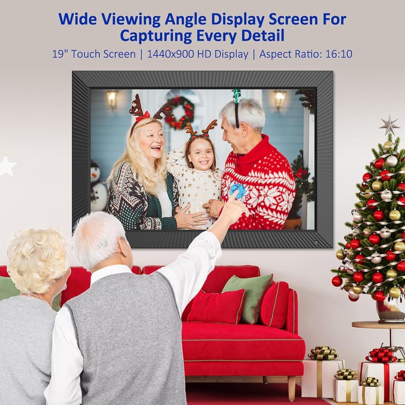 Digital Picture Frame 19-inch Large-Digital-Photo-Frame - Picture Frame Digital Slideshow with 32GB, Dual-WiFi Touch Screen, Wall Mountable, Send Photos Videos Via App Email, Gift for Mom and Dad