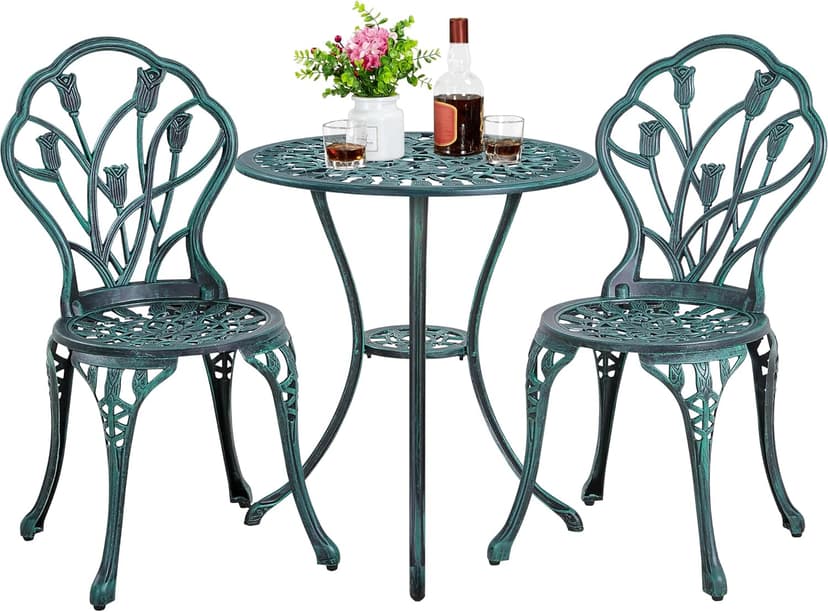 Yaheetech Patio Bistro Sets 3 Piece Cast Aluminum Bistro Table and Chairs Set, Cast Aluminum Bistro Table and Chairs Set of 2 with Umbrella Hole for Patio Backyard Balcony, Green