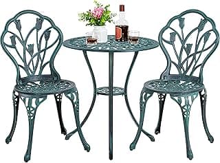 Yaheetech Patio Bistro Sets 3 Piece Cast Aluminum Bistro Table and Chairs Set, Cast Aluminum Bistro Table and Chairs Set of 2 with Umbrella Hole for Patio Backyard Balcony, Green