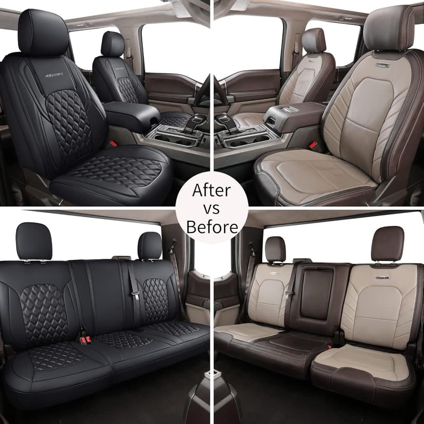 Huidasource Ford Seat Covers, Leather Pickup Seat Cushion Cover Fit for 2015-2024 Ford F150 SuperCrew & 2017-2024 F250 F350 F450 Super Duty Crew Cab XL XLT Lariat King Ranch Platinum(Full Set/Black)