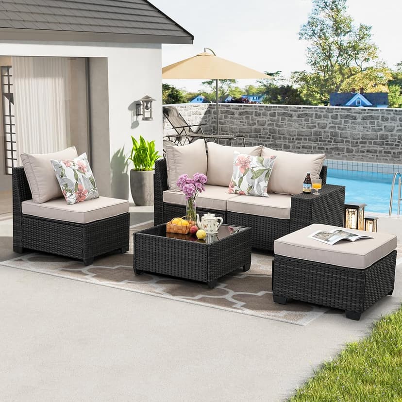5 Pieces Patio Furniture Set All-Weather Outdoor Wicker Sectional Conversation Sofa Rattan Patio Seating Sofa with Cushion and Glass Table and Ottoman for Porch,Beige