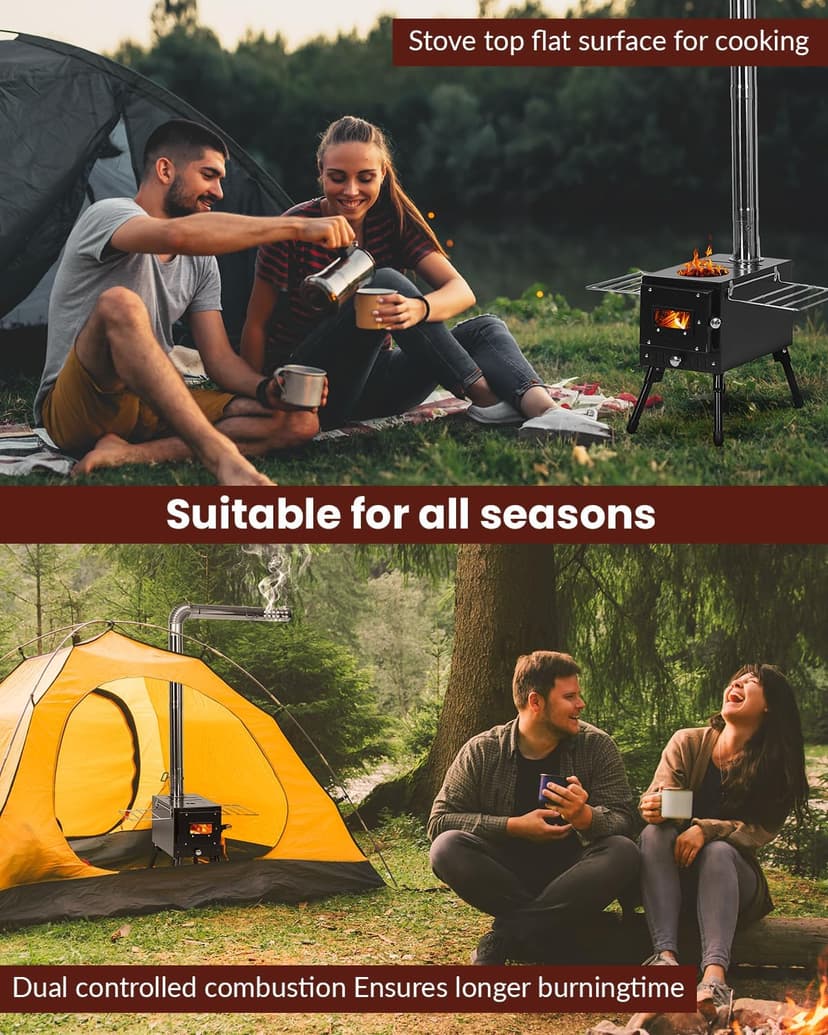 Wood Stove, Portable Tent Stove with 7-Section Stainless Steel Chimney, HeatControl Stovepipe and Elbow Pipe, Wood Burning for Outdoor Camping and Ice Fishing