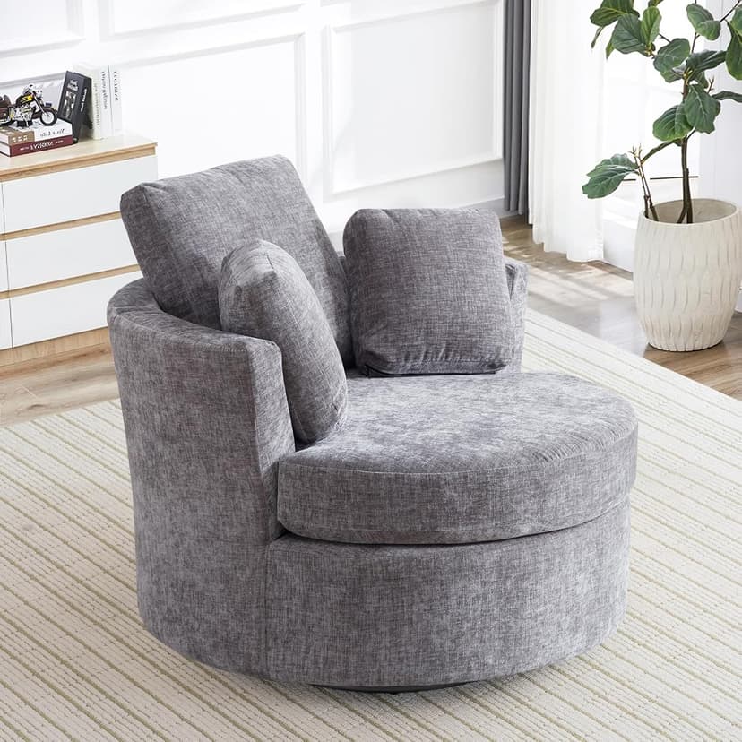 42" W Modern Grey Swivel Barrel Chair with 360° Round Metal Base & Soft Chenille Pillows & Thick Cushion, Comfy Oversized Chaise Longue Indoor Living Room, Bedroom Club Reading Armchair (Gray)