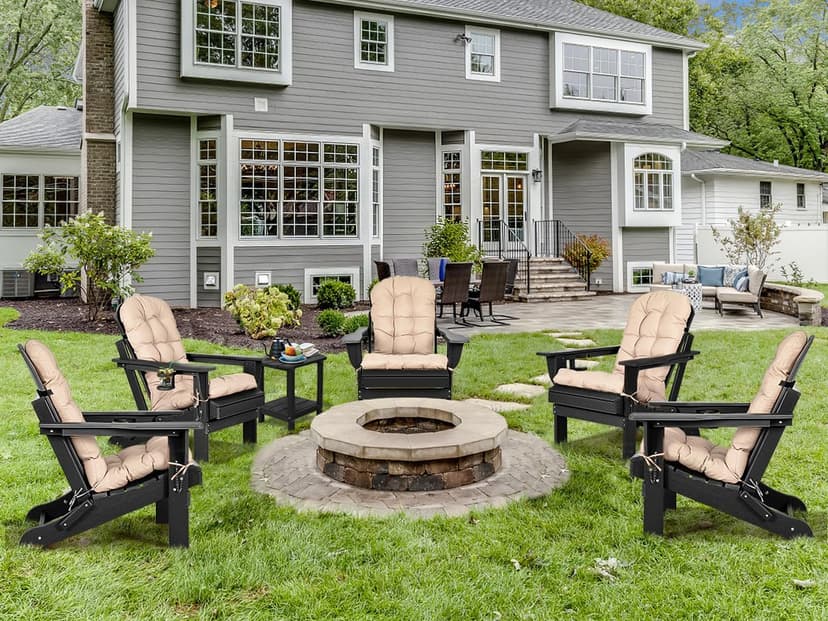 nalone Folding Adirondack Chairs Set of 2 with Cushions and Cup Holder, HDPE Plastic Oversized Patio Chair Weather Resistant, Used in Outdoor, Fire Pit, Deck, Garden, Campfire Chairs (Black)