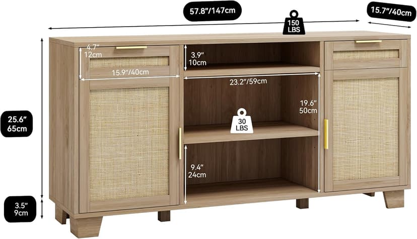 YITAHOME Rattan TV Stand for up to 65 Inch TVs, Boho Entertainment Center with Storage, TV Media Console with Drawers, Adjustable Shelves for Living Room (Natural Oak)