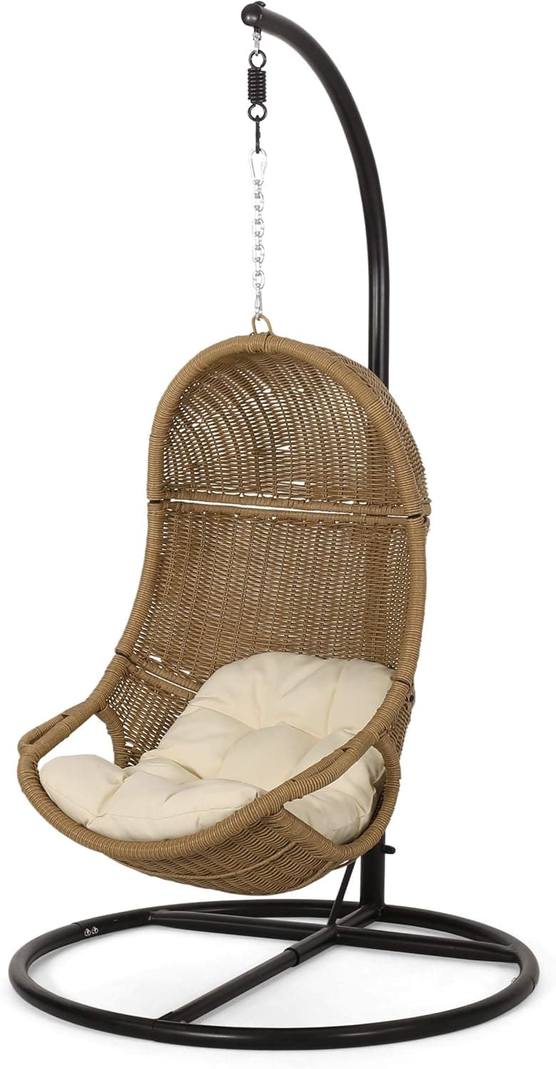 Christopher Knight Home Marcus Outdoor Wicker Hanging Chair with Stand, Light Brown and Beige