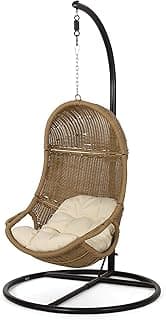 Christopher Knight Home Marcus Outdoor Wicker Hanging Chair with Stand, Light Brown and Beige