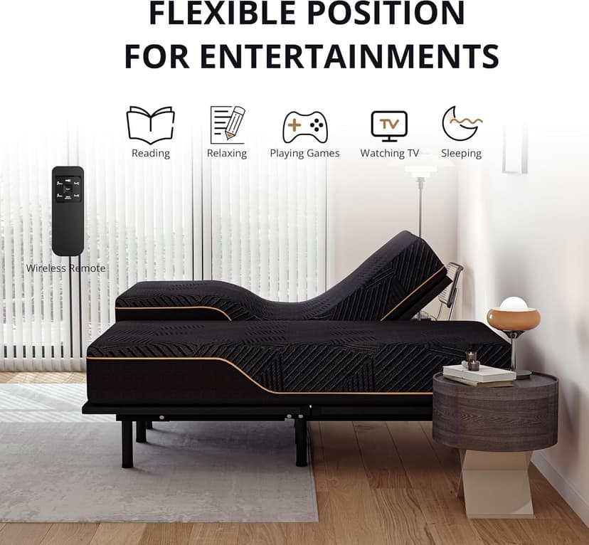 EGOHOME Split King Adjustable Bed Frame and 14 inch Copper Gel Memory Foam Mattress Set, Metal Foldable Bed Base with Remote, Head and Foot Incline, Zero Gravity Mode, Easy Assembly